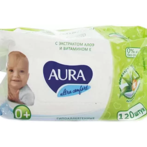 Салфетки влажн. аура ultra comfort для детей гипоал. с экст. алоэ и вит. е №120 (без крышки) (арт05351) 