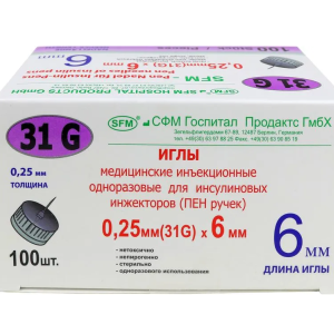 Иглы медицинские инъекционные одноразовые для инсулиновых инжекторов (ПЕН ручек) 31G (0,25ммх6мм) SFM №100