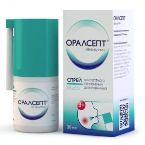 Оралсепт спрей для местного применения дозированный 0,255мг/доза флакон 30мл/176доз/