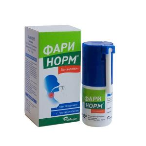 Фаринорм Бензидамин спрей для местного применения дозированный 0,255мг/доза флакон с дозатором 30мл/176 доз/ 