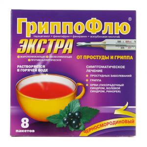 ГриппоФлю экстра от простуды и гриппа черносмородиновый порошок для приготовления раствора для приёма внутрь пакеты 13г №8
